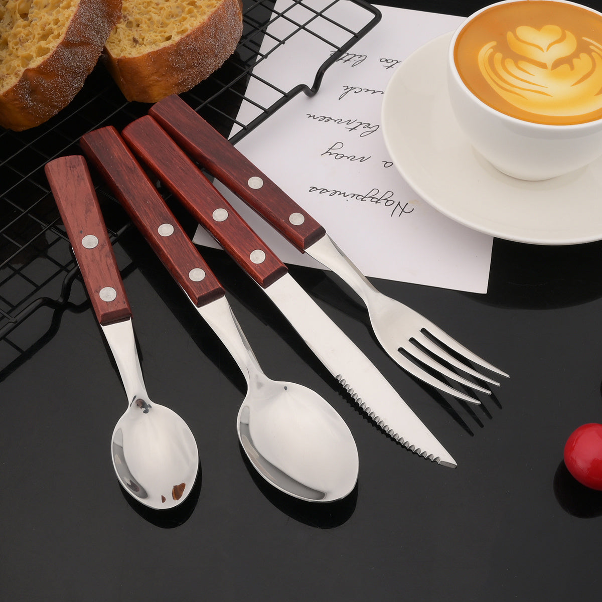 24-Piece Stainless Steel Cutlery Set with Wooden Handles – Mirror Polished Knife, Fork, Spoon & Tea Spoon – Vintage Flatware Set Service for 6 – Perfect for Home, Restaurant & Weddings