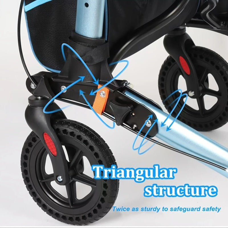 专为长者与成人设计——轻量折叠式助行器，配备全地形8英寸大轮，承重300磅，6档高度调节（31.5英寸-38英寸），防滑刹车与加宽座椅，铝合金材质助行器