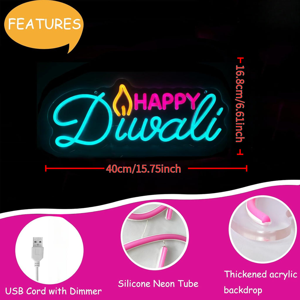 Happy Diwali LED neon light, festival light, oil lamp shape LED neon light, USB powered, home Diwali decoration, wall room bedroom decoration, neon light
