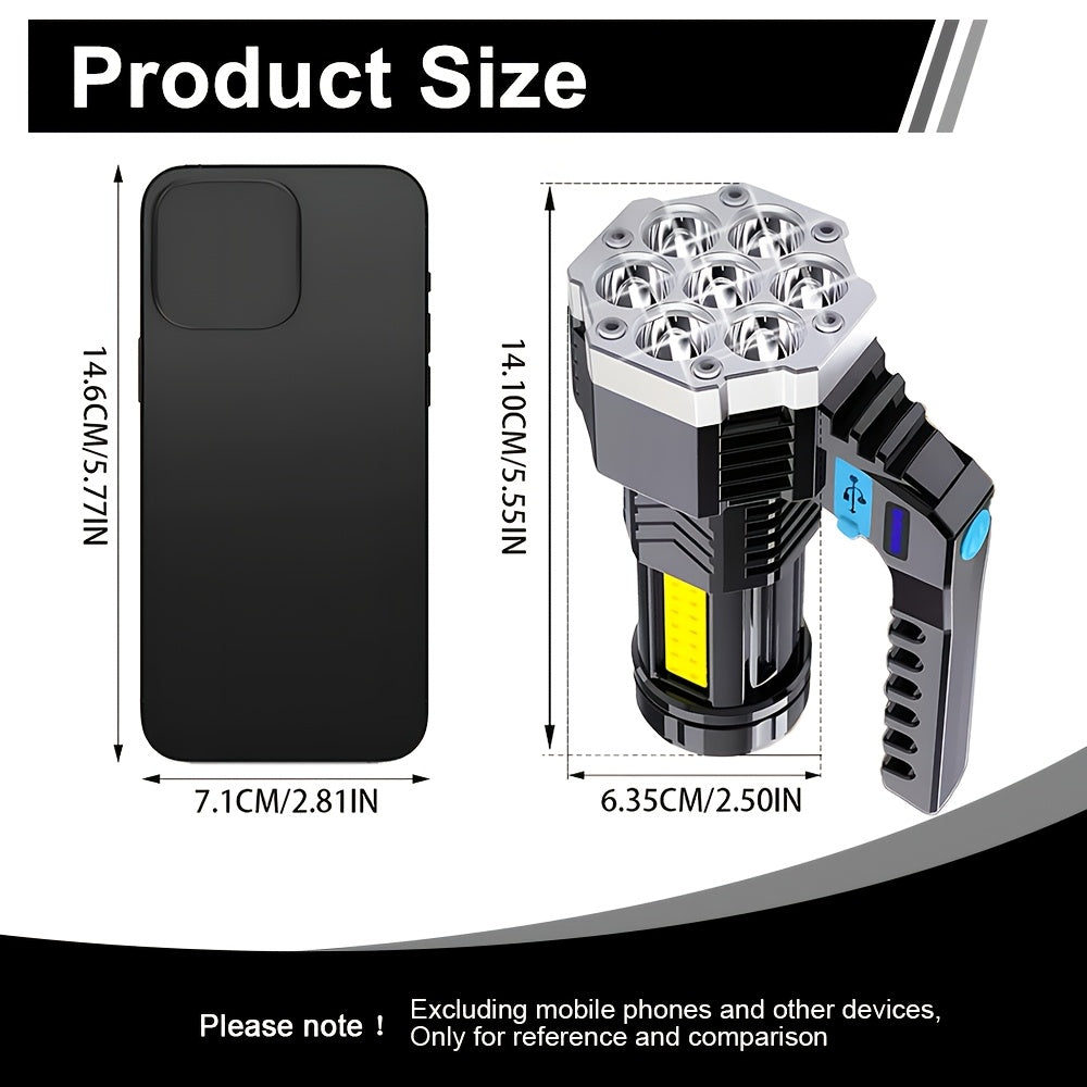 1 Black Household 7LED Handheld Flashlight, Portable COB Security Flashlight, USB Rechargeable Work Safety Searchlight, 4 Lighting Modes, Ideal for Reading, Fishing, Emergency Lighting, Night Patrol & Work