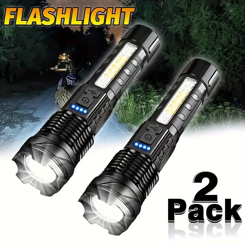 Set of 2 Rechargeable LED Flashlights, COB Floodlight, Powerful USB Charging, Matte ABS Material. They Deliver 150-350 Lumens Brightness, Battery-Powered with Lithium Battery, Perfect for Outdoor Activities Like Camping