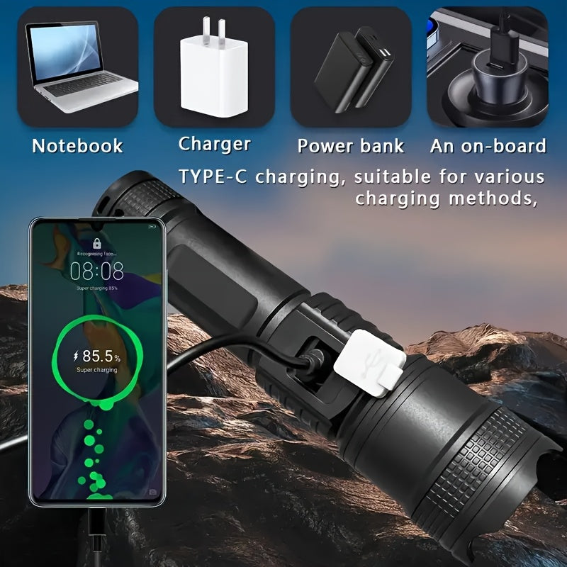 High Beam Long Range Flashlight, Super Bright Large Aperture Telescopic Zoom Torch, USB Rechargeable LED Searchlight, Drop-Proof Non-Slip Grip, Home Power Outage Emergency Light, Outdoor Tactical Flashlight, IP65 Waterproof