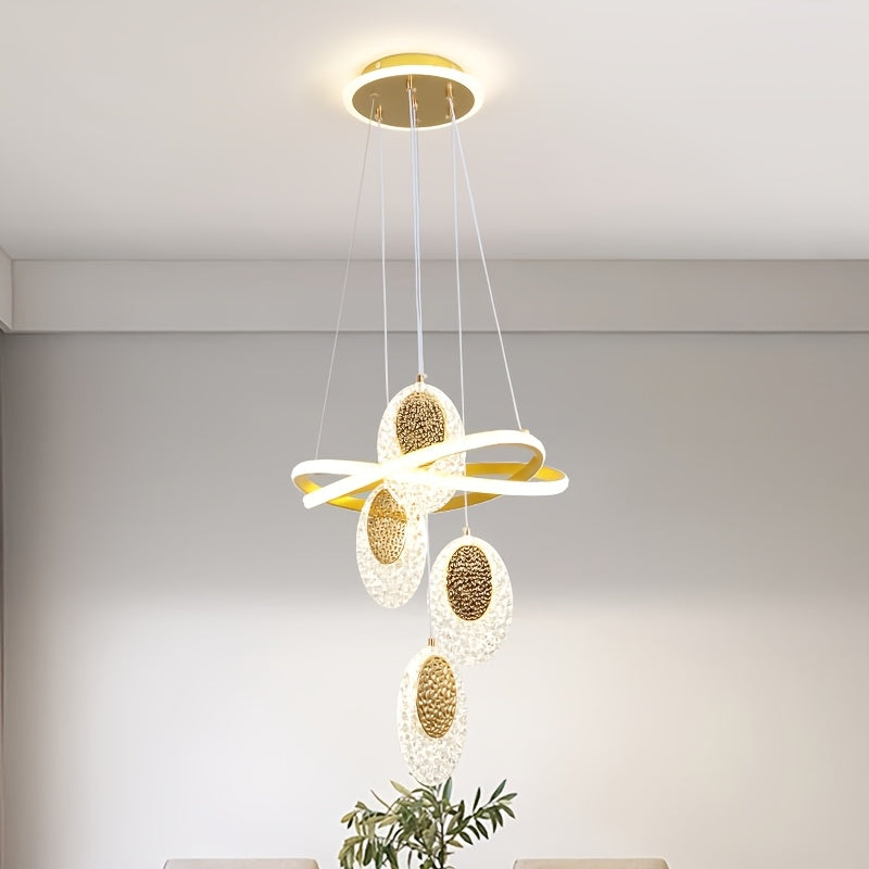 Modern LED Indoor Pendant Light with 4 Oval Disc-Shaped Pendants, 3-Color Temperature Adjustable Lighting Fixture