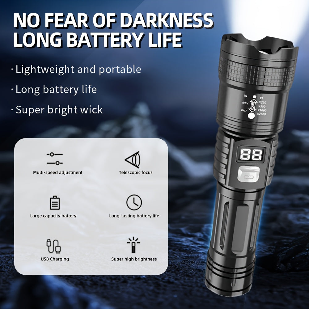 LED Flashlight, Telescopic Zoomable, Focus and Flood Dual Use, 3 Modes High Low Strobe Dimmable, Digital Power Display Real-Time Battery Level, USB Rechargeable Long Endurance, High Brightness Long Range