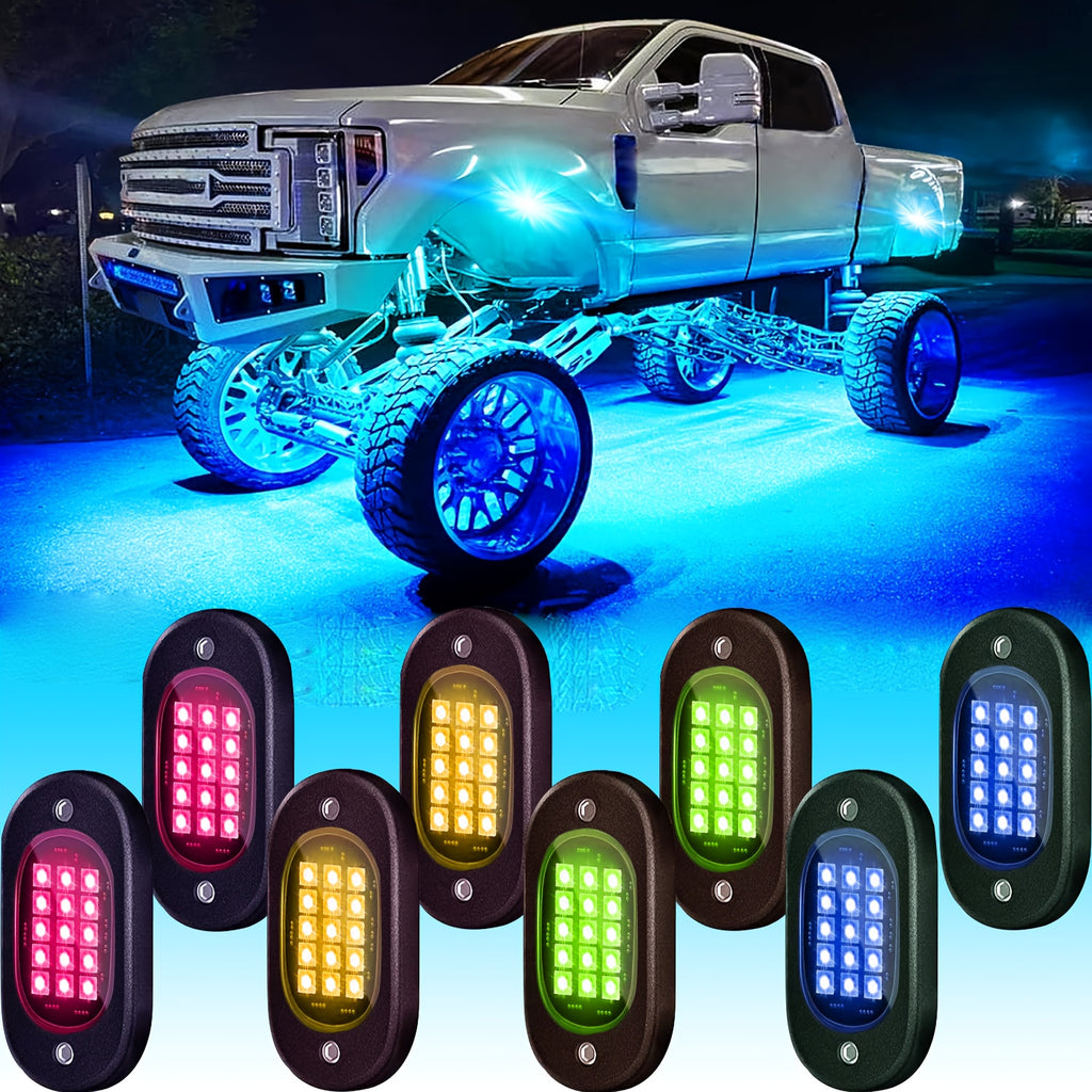 Truck Rock Lights RGB LED Rock Light Kit, Dream RGB Colorful Car Chassis Decorative Light, Multi-Color Changing Tire Light, Footwell Neon Light Kit, Perfect for Pickup Off-Road RZR SUV ATV UTV Car Ambient Light, Golf Cart Accessories