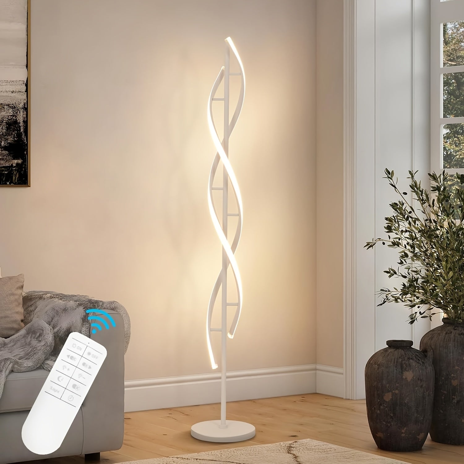 Modern LED floor lamp, 60" 3-color temperature spiral floor lamp, 360° luminous design vertical lamp, timer 48W dimmable reading floor lamp, high black and white corner floor lamp for living room, bedroom, office