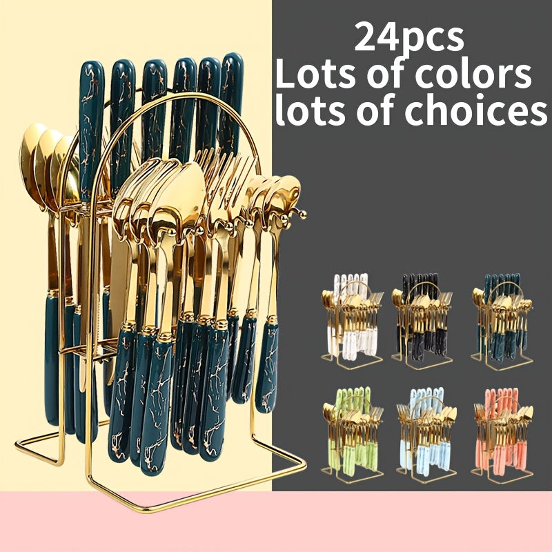 24-Piece Stainless Steel Cutlery Set with Short Ceramic Handle – Dinner Knife, Dinner Fork, Dinner Spoon, Dessert Spoon – Restaurant & Hotel Flatware Set