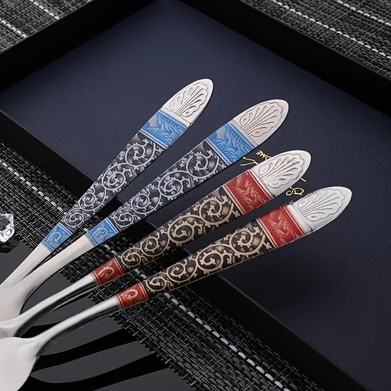 10-Piece Set Multi-Color Stainless Steel Retro Printed Soup Spoon – Elegant Cutlery Set, Sturdy & Durable, Easy to Clean, Simple Milk Spoon, Modern Stirring Spoon, Reusable Spoons