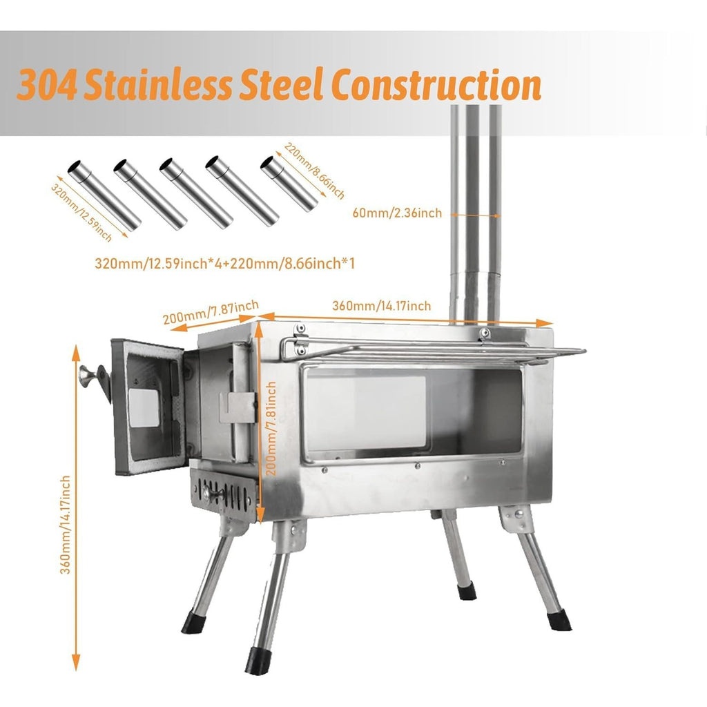 Wood Burning Stove, Stainless Steel Camping Stove, Portable Wood Stove, Outdoor Cooking Camping Wood Stove with 5 Chimney Pipe Sections & Gloves, Ideal for Ice Fishing