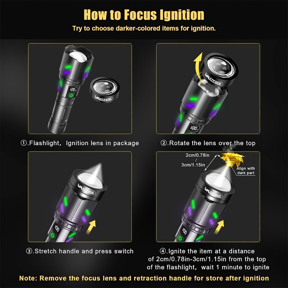 30W Ignition Zoom Flashlight With Ignition Lens Type-C Rechargeable Digital Power Display 5 Modes Aluminum Alloy Material Built-in Power Bank Function Portable Tactical Flashlight for Outdoor Emergency Camping Travel Patrol