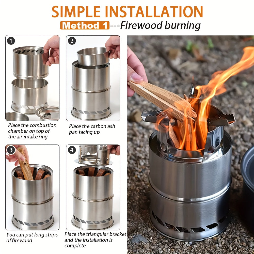 Portable Outdoor Stove, Stainless Steel Double-Layer Heat Concentrating Wood Burning Stove, Detachable Stackable Camping Stove, Detachable Design with Built-In Circulation System for Charcoal Burning, Home Fireplace