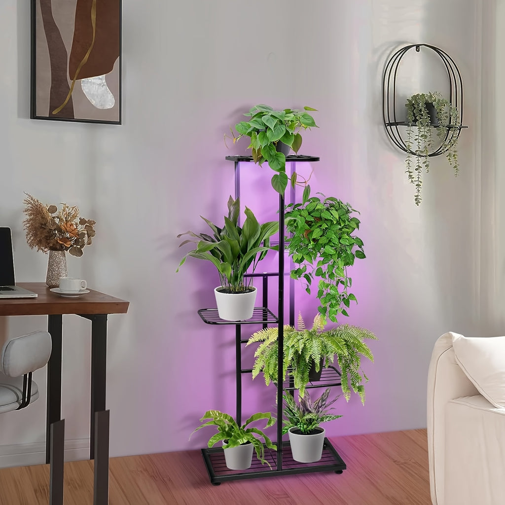 Indoor Plant Stand with Grow Light, 5-Tier 6-Pot Metal Multi-Function Flower Pot Shelf, Display Rack for Courtyard Balcony Living Room Corner Garden