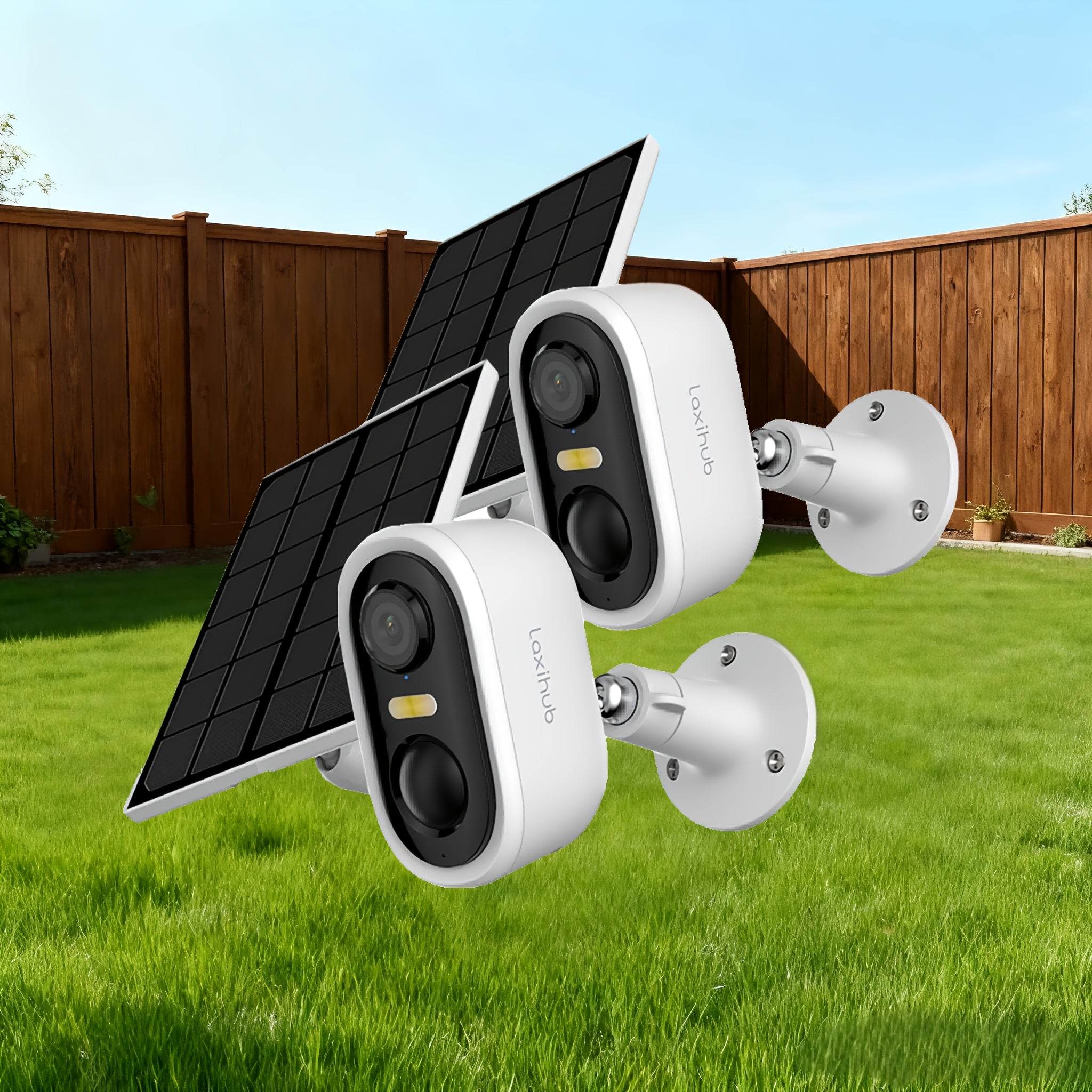 LAXUHUB 1296P Solar-Powered Outdoor Security Cameras, Wireless Rechargeable Camera with a 5200Mah Battery, Spotlight Color Night Vision, 2.4Ghz Wifi, 3MP Full HD, Two-Way Audio, Solar Operated, Capable of Detecting Humans And Vehicles