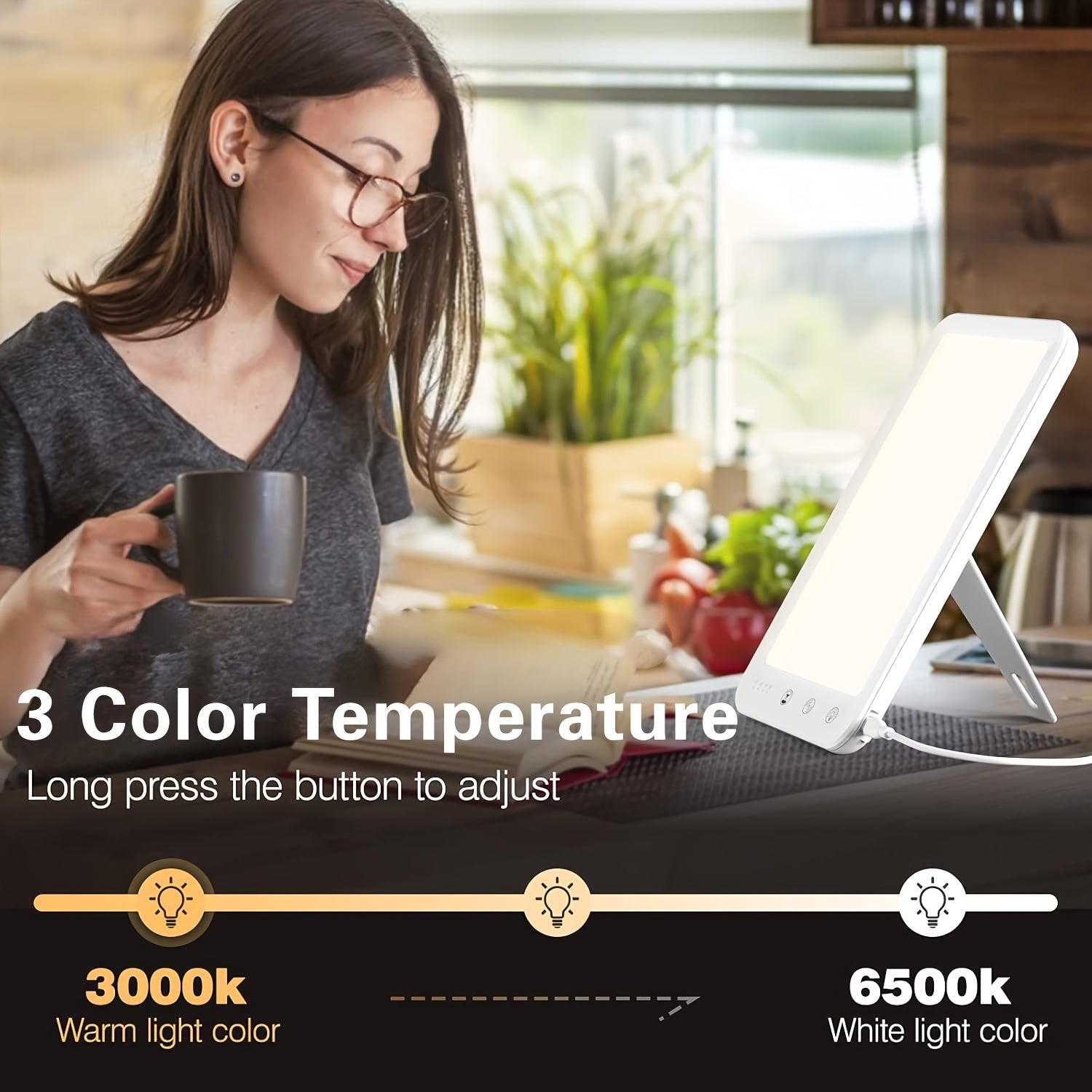 Ultra-Thin UV-Free 10000 Lux LED Daylight Lamp, Touch Control, 5-Level Dimmable Brightness & Color Temperature, 4 Timer Functions, Ideal for Winter Use