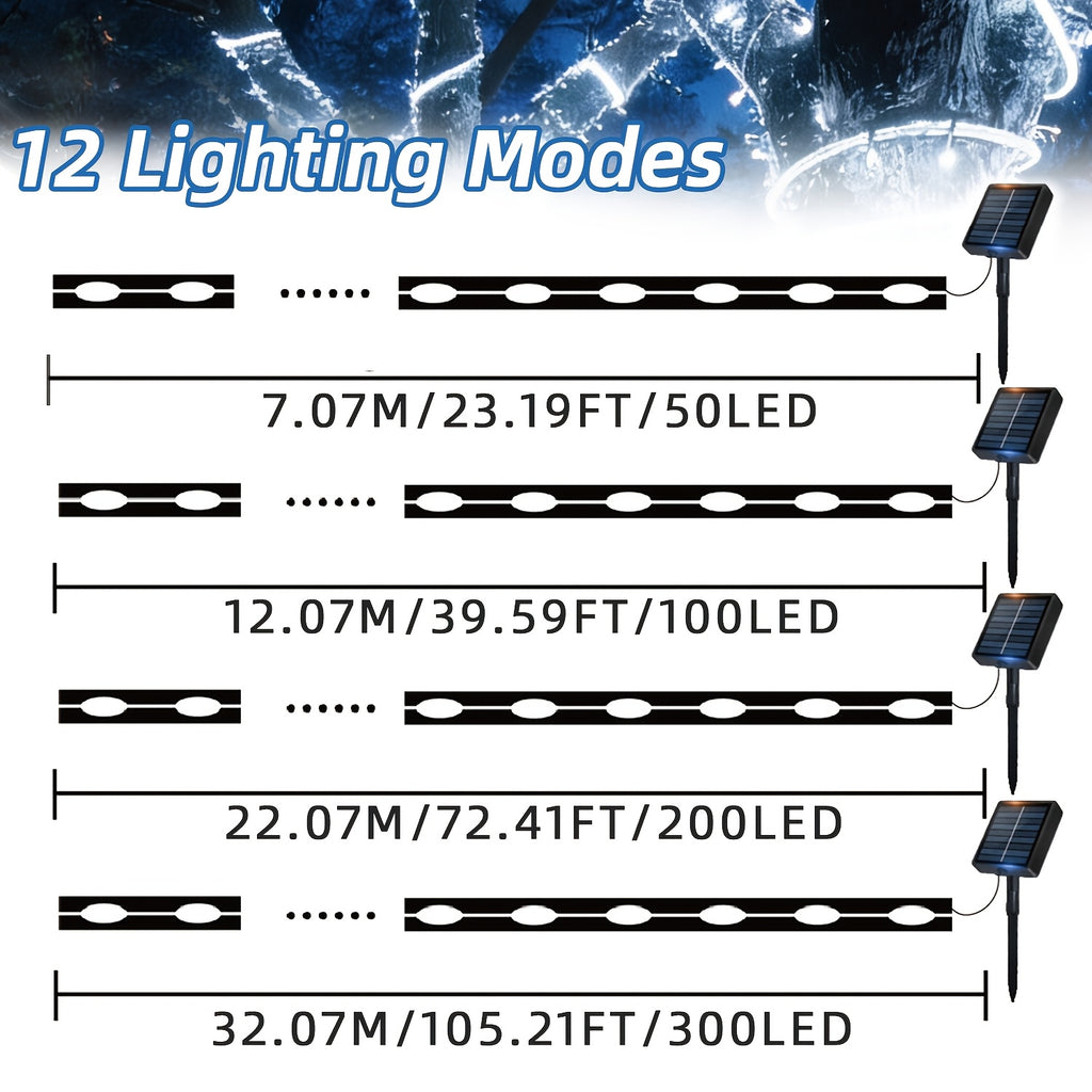 Outdoor fairy tube light, solar charging, 12 flashing modes, LED tube smart light strip, 300/200/100/50 high-brightness LED beads, suitable for decorating gardens, courtyards, engagements, parties, camping, trees, houses, Mother‘s Day