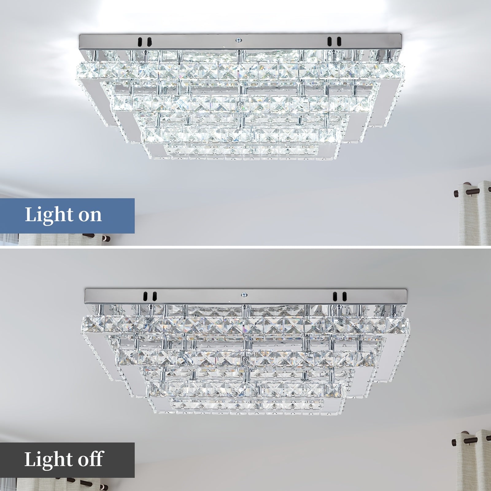 Modern Crystal LED Ceiling Light 20-Inch Rectangular Recessed Pendant Light Stainless Steel 3-Layer Ceiling Light Suitable for Living Room and Dining Room (6500K Cool White Light)