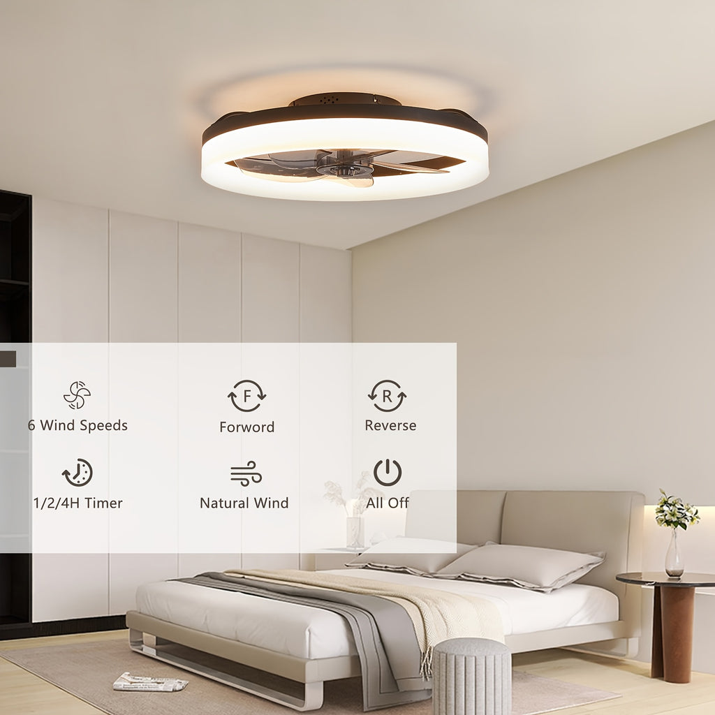 Modern Low Profile Ceiling Fan with Light and Remote, 19.7 Inch, Adjustable Color Temperature & 6 Speed Settings, Black, for Bedroom, Room & Living Room