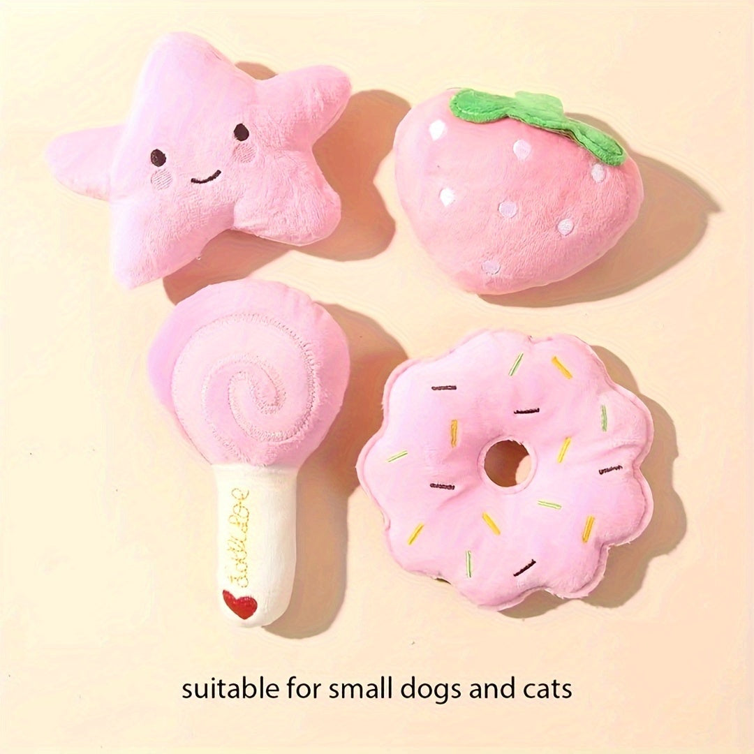 小型犬猫专用粉色柔软互动玩耍睡眠玩具4件套 - 草莓、甜甜圈和棒棒糖设计