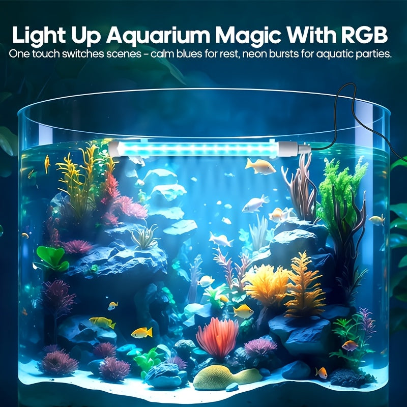 RGB multi-color aquarium submersible smart lighting fixture, multiple light colors, multiple lighting modes, aquarium lighting tube, fish growth light, timer adjustable colors, aquarium decorative lighting fixture, equipped with suction cup design