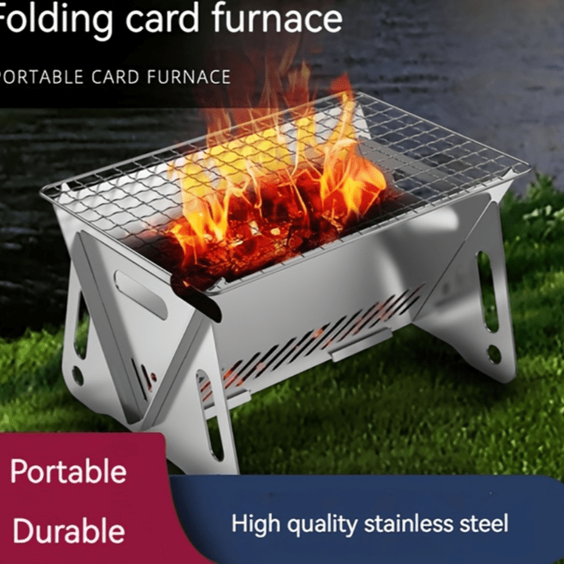 2-Piece Outdoor Foldable BBQ Grill, Stainless Steel Cassette Stove, Portable Charcoal Stove, Garden Party Camping Supplement. Includes 1 BBQ Grill + 1 Basting Brush/