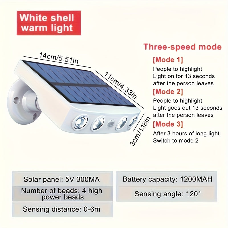 Solar Security 4 LED Light Outdoor Decorative Sensor Motion 3 Lighting Modes Street Light Built-in 18650 Lithium Battery Wall Night Working Light IP44 Solar Daylight Garden Light Super Bright Solar Security Light Garden Courtyard