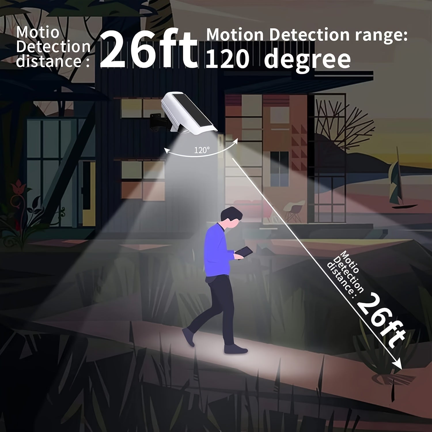 Simulated Surveillance Outdoor Motion Sensor Solar LED Spotlight 77 Lamp Beads High Efficiency Sensor Auto on on Motion Built in Security Deterrent for Porches Gardens Driveways Commercial Use Streets Garages Modern Outdoor Fixture