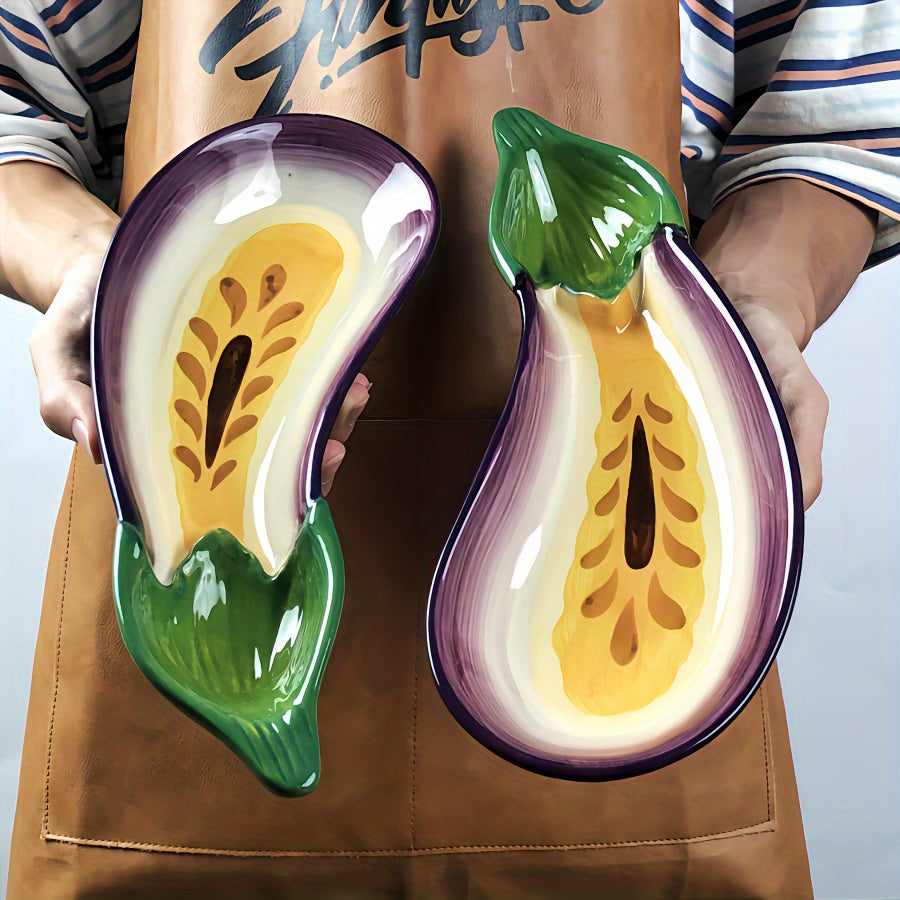 1 Piece Frank Exhibition Inspired Ceramic Eggplant Plate – Creative Purple & Green Vegetable-Shaped Tray, Perfect for Fruit, Snacks & More – Glossy Finish, Ideal for Home Use & All Seasons