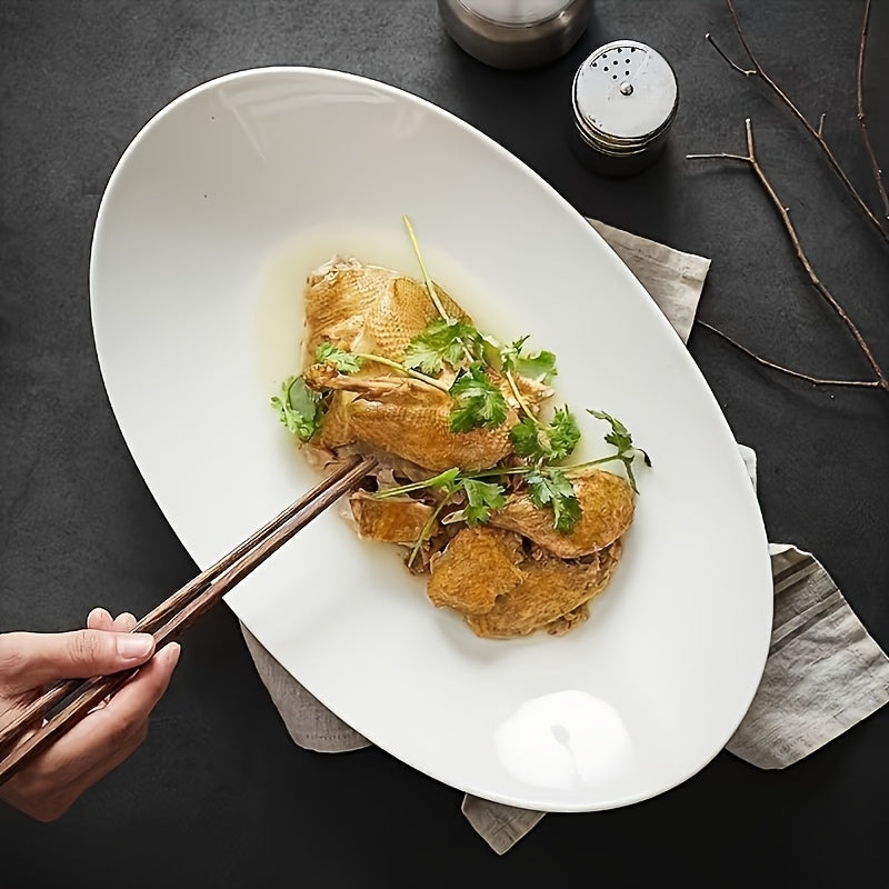 1 Piece Elegant Oval Ceramic Platter – Dark Boat-Shaped Fish Plate, White Porcelain Design, High-Quality Food-Grade Tableware, Perfect for Home & Restaurant – Ideal for Christmas, Thanksgiving, Mother‘s Day, Father’s Day
