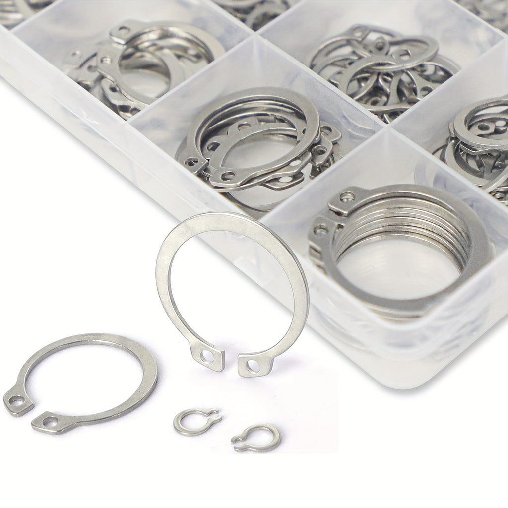225-Piece External Retaining Ring Assortment, Includes 15 Sizes, Made of 304 Stainless Steel, Fits Shafts from M3 to M25.