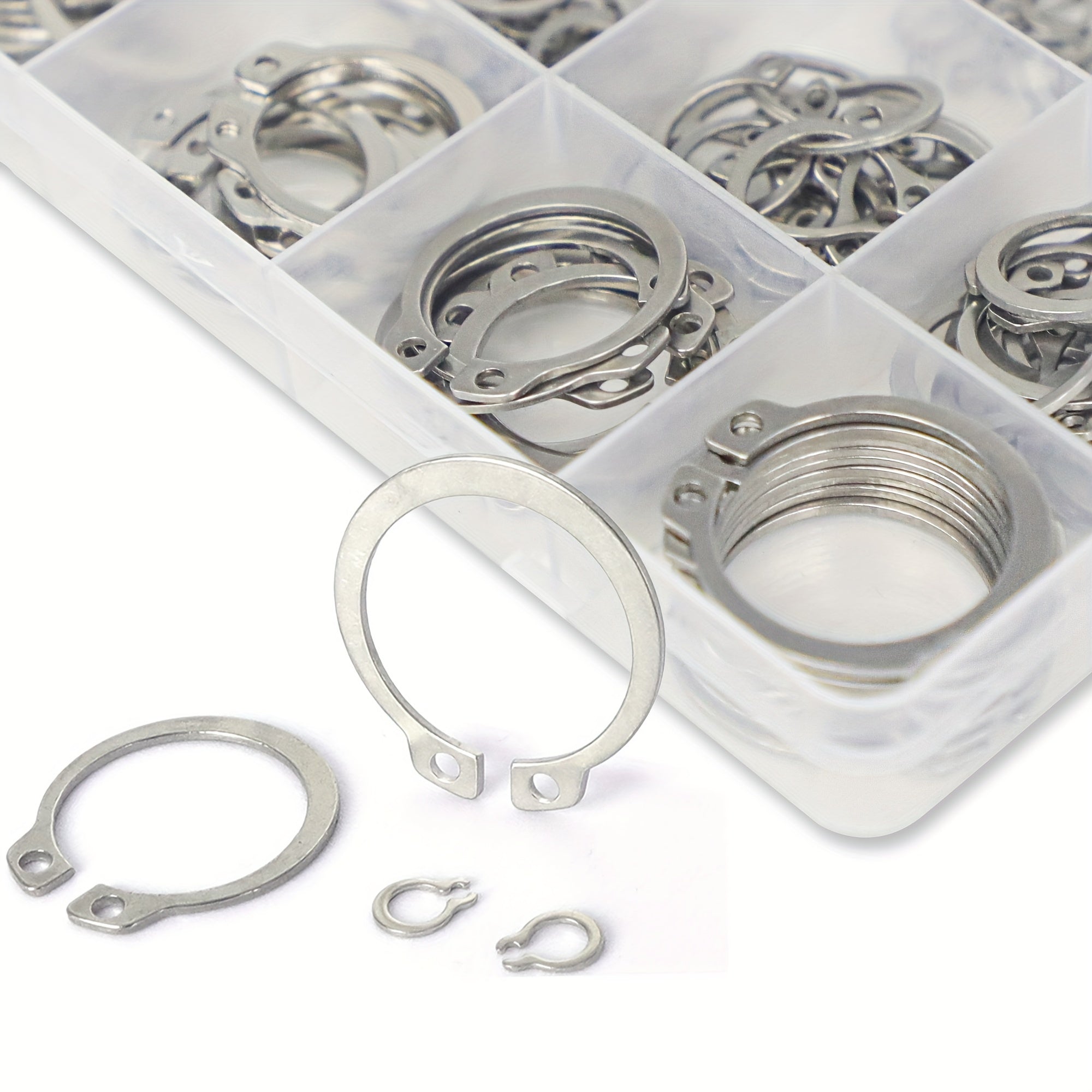 225-Piece External Retaining Ring Assortment, Includes 15 Sizes, Made of 304 Stainless Steel, Fits Shafts from M3 to M25.