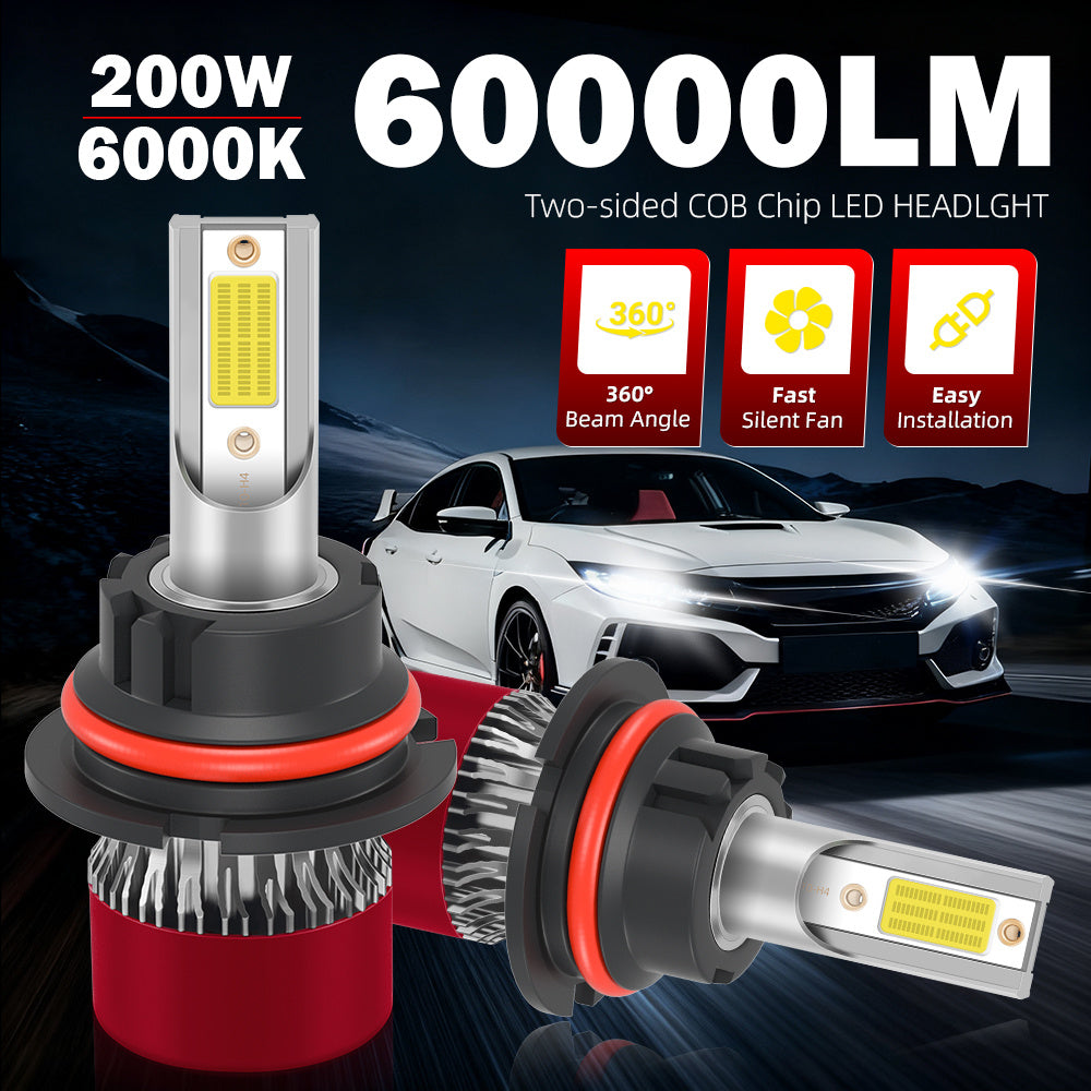 2-Pack LED Car Headlights 200W 6000K Color Temperature 60000 Lumens H1 H7 H11 9005 9006 H4 9007 H13 Double-Sided COB Chip LED Bulbs with Cooling Fan, Durable, Enhanced Lighting, Plug-and-Play, Fits Most Car Models