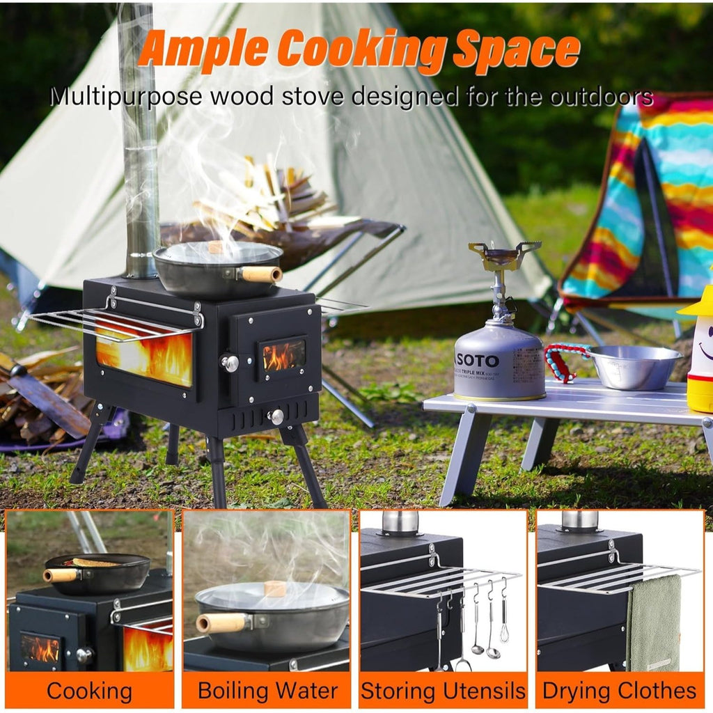 Wood Burning Stove, Stainless Steel Camping Stove, Portable Wood Stove, Outdoor Cooking Camping Wood Stove with 5 Chimney Pipe Sections & Gloves, Ideal for Ice Fishing