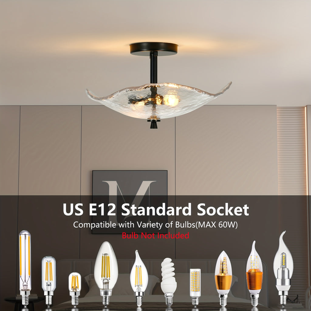 16.5-inch modern semi-flush mount ceiling light (black), water lily-shaped dual-light ceiling light, elegant near-ceiling lighting, with clear glass lampshade, suitable for bedroom, dining room, entryway and bathroom (E12 base, bulb not included)