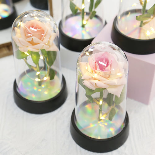 1PC 永恒玫瑰花夜灯 - 永恒玫瑰装饰（Indoor light string），柔和发光，电池供电（含3颗纽扣电池），PVC 圆顶屋，适合浪漫家居或办公室装饰、节日装饰，装饰性LED玫瑰，逼真的仿花，情人节装饰品