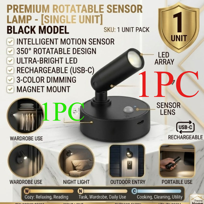 USB Rechargeable Drill-Free 350° Rotatable Three-Color Night Light, Motion Sensor Auto On, Multi-Angle Adjustable, Long Battery Life, Magnetic Portable Lamp, Ideal for Wardrobe Entryway Bedside Kitchen Cabinet Storage Room Desk Lighting