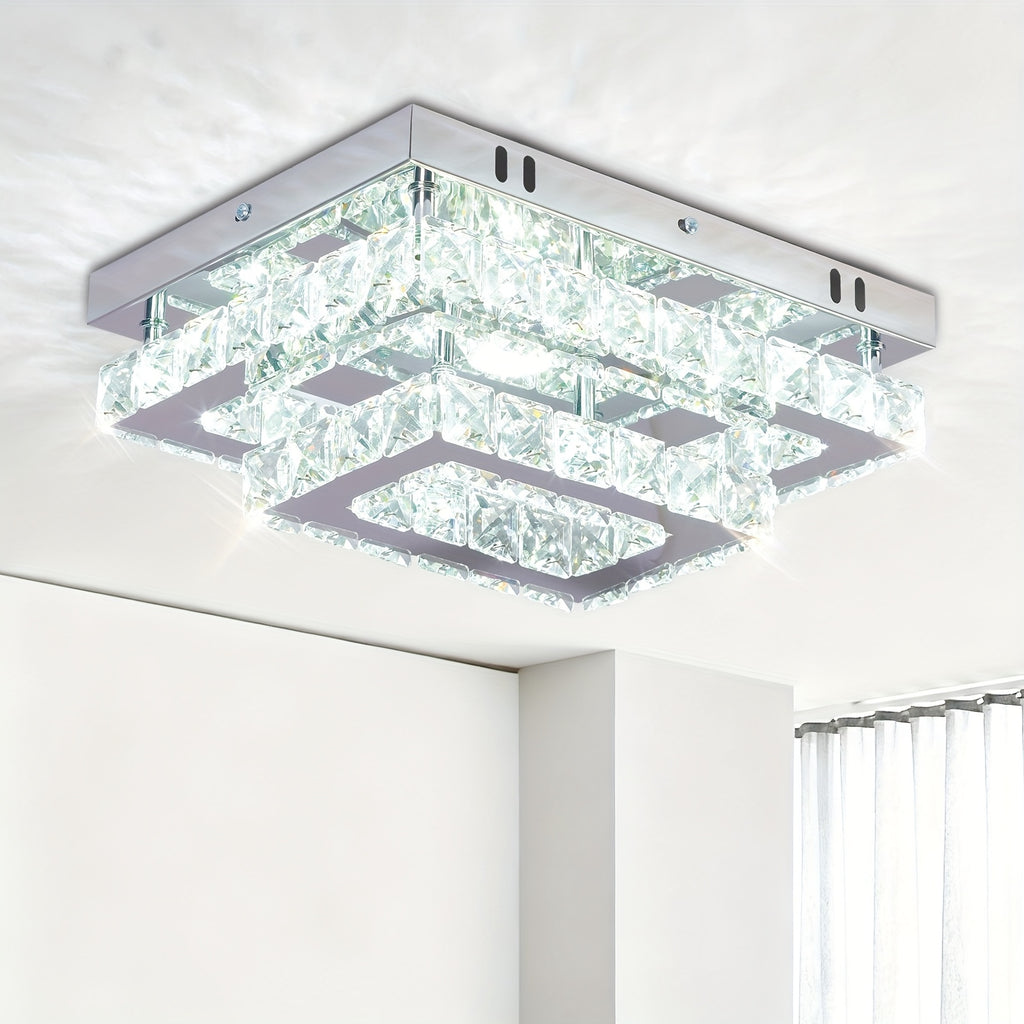 LED crystal ceiling light, modern recessed rectangular ceiling light, K9 stainless steel ceiling lighting fixture, chandelier, suitable for living room, bedroom, dining room (cool white light)