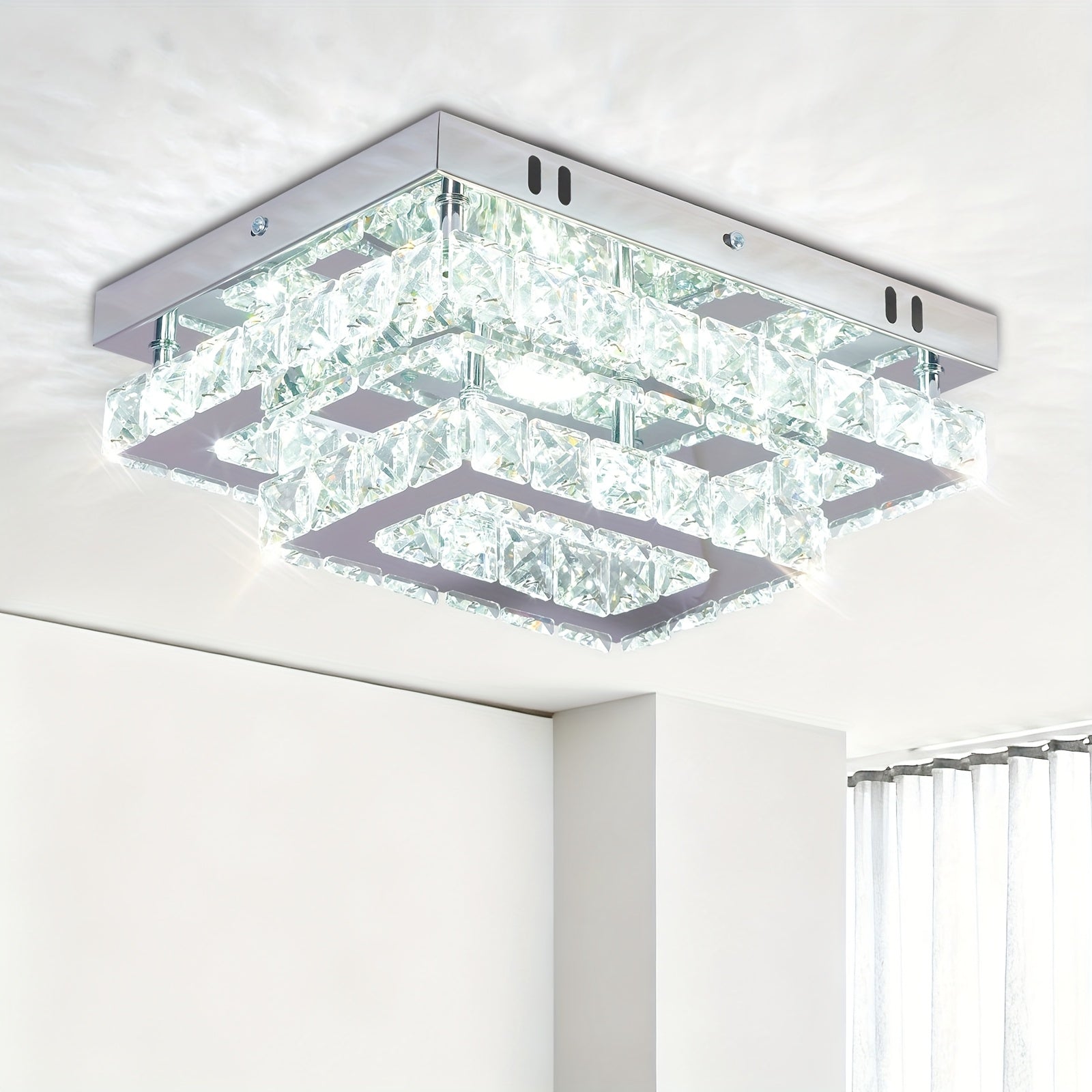 LED crystal ceiling light, modern recessed rectangular ceiling light, K9 stainless steel ceiling lighting fixture, chandelier, suitable for living room, bedroom, dining room (cool white light)