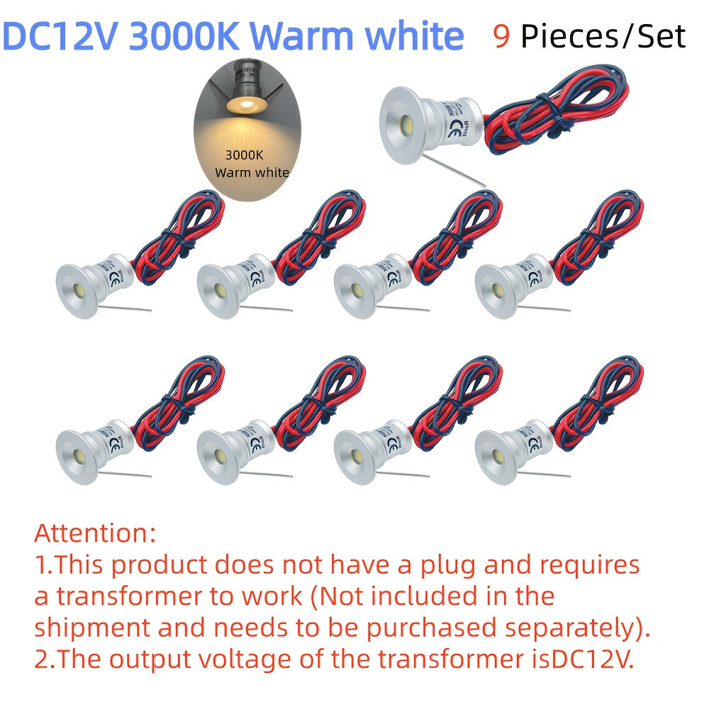 9-pack 1W mini cabinet spotlight, 15mm recessed LED downlight, DC12V ceiling downlight, indoor stair spotlight, dimmable ambiance spotlight, KTV party hallway lighting