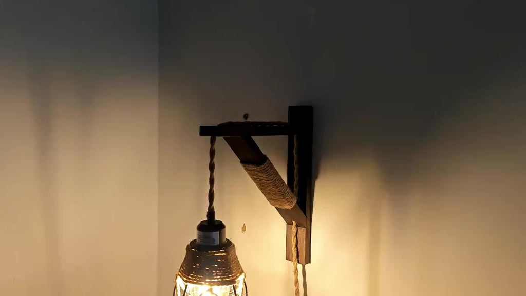 Two-Piece or One-Piece Plug-In Wall Light Without Wiring - Farmhouse Style Metal Cage and Wood Bracket Bedside Lamp, Suitable for Bedroom Headboard (Easy-to-Install Barn Light Decor) (Bulb Not Included)