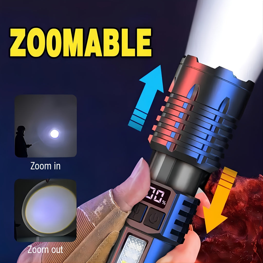 Rechargeable High Lumen Super Bright Flashlight, 5 Modes Zoomable with LCD Digital Display, Powerful Handheld LED Flashlight, ABS Material High Brightness Outdoor Light for Emergency, Camping, Fishing, Running and Hiking