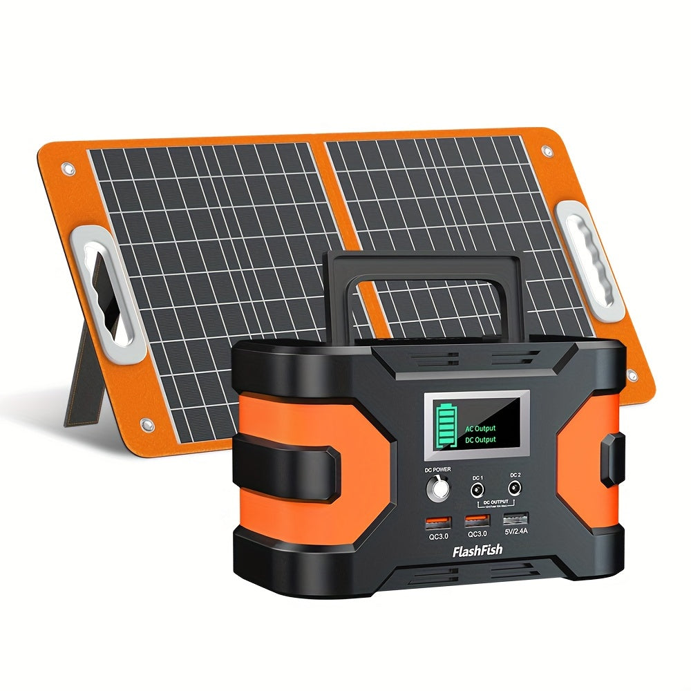 內含太陽能板的太陽能發電機，Flashfish 150W 便攜式電源站+60W 太陽能板，2 個 150W AC 插座，166Wh/45000mAh 備用電源緊急電源供應，適用於家庭停電/露營車/露營