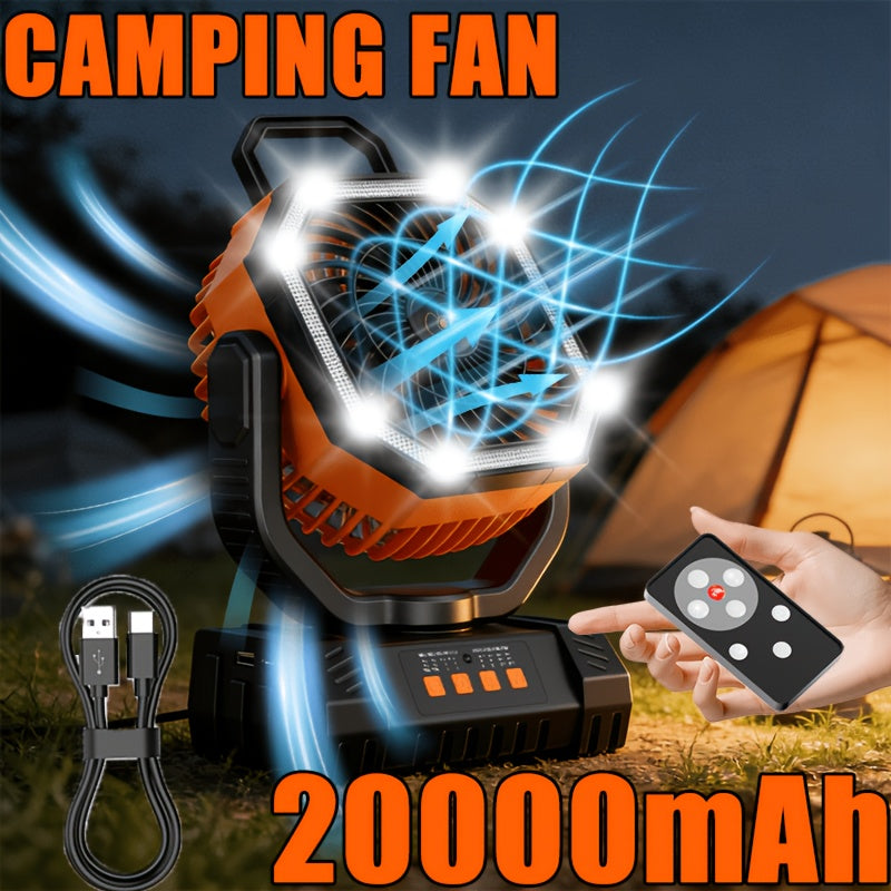 Outdoor Fan, Portable Rechargeable Fan 20000mAh Battery Powered Camping Fan - Cooling, Battery Powered Desktop Fan with 4 Speeds, Bright Light & Hook, Portable for Tent Outdoor Hurricane Power Outage