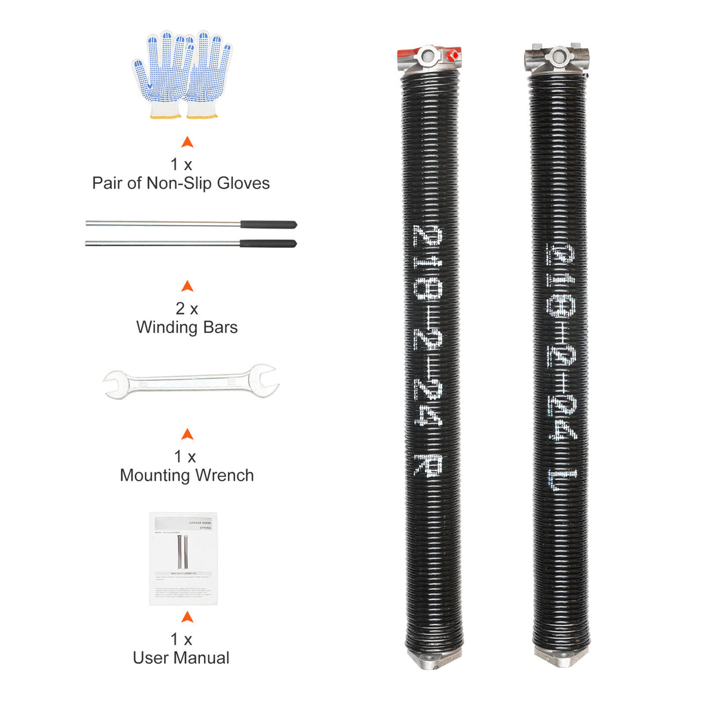 Garage Door Torsion Spring, 16,000 Cycles, 0.25 x 2 x 30in / 0.207 x 2 x 22in / 0.218 x 2 x 24in / 0.218 x 2 x 23in, with Non-Slip Winding Bars, Installation Tools and Gloves, Electrophoretic Coating, for Replacement