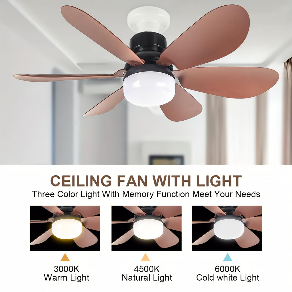 Smart Brown Ceiling Fan Light with Remote, Dimmable LED 3-Color Lighting, 3 Wind Speeds, 6-Blade Fan Light, E27/E26 Base Hardwired, Ideal for Kids' Room, Bedroom, Kitchen, Study, Brown Flush Mount Fan Light.