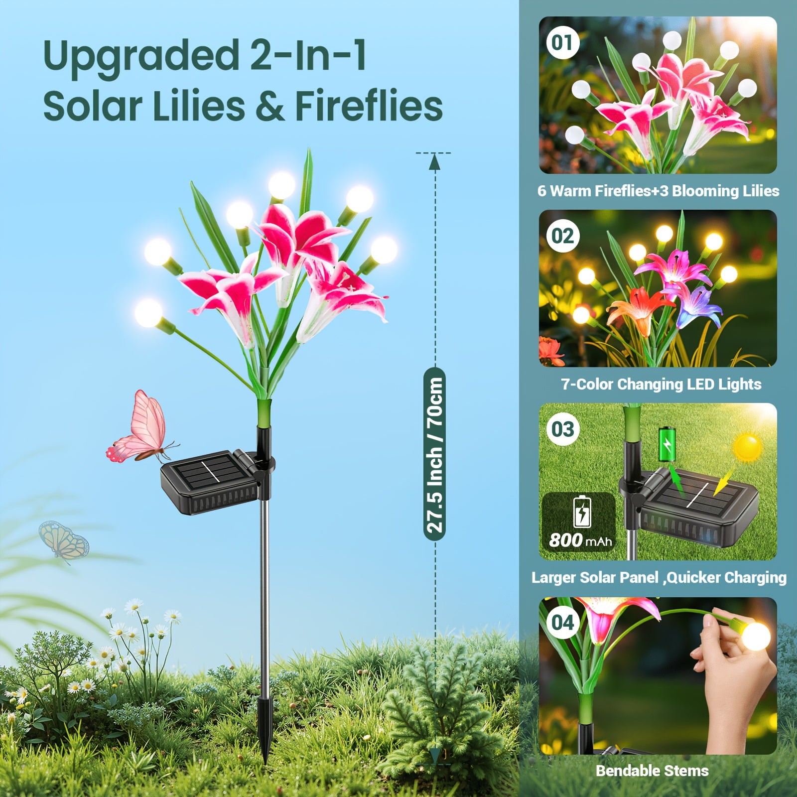 8/4 Pack Solar Garden Light Set - New Upgraded Outdoor Solar Light, 7-Color Changing Lily Light, Perfect for Courtyard, Includes 12 Realistic Lilies & 24 Firefly Lights, Garden Decoration, More Realistic Lily Flower - Birthday & Holiday Gift