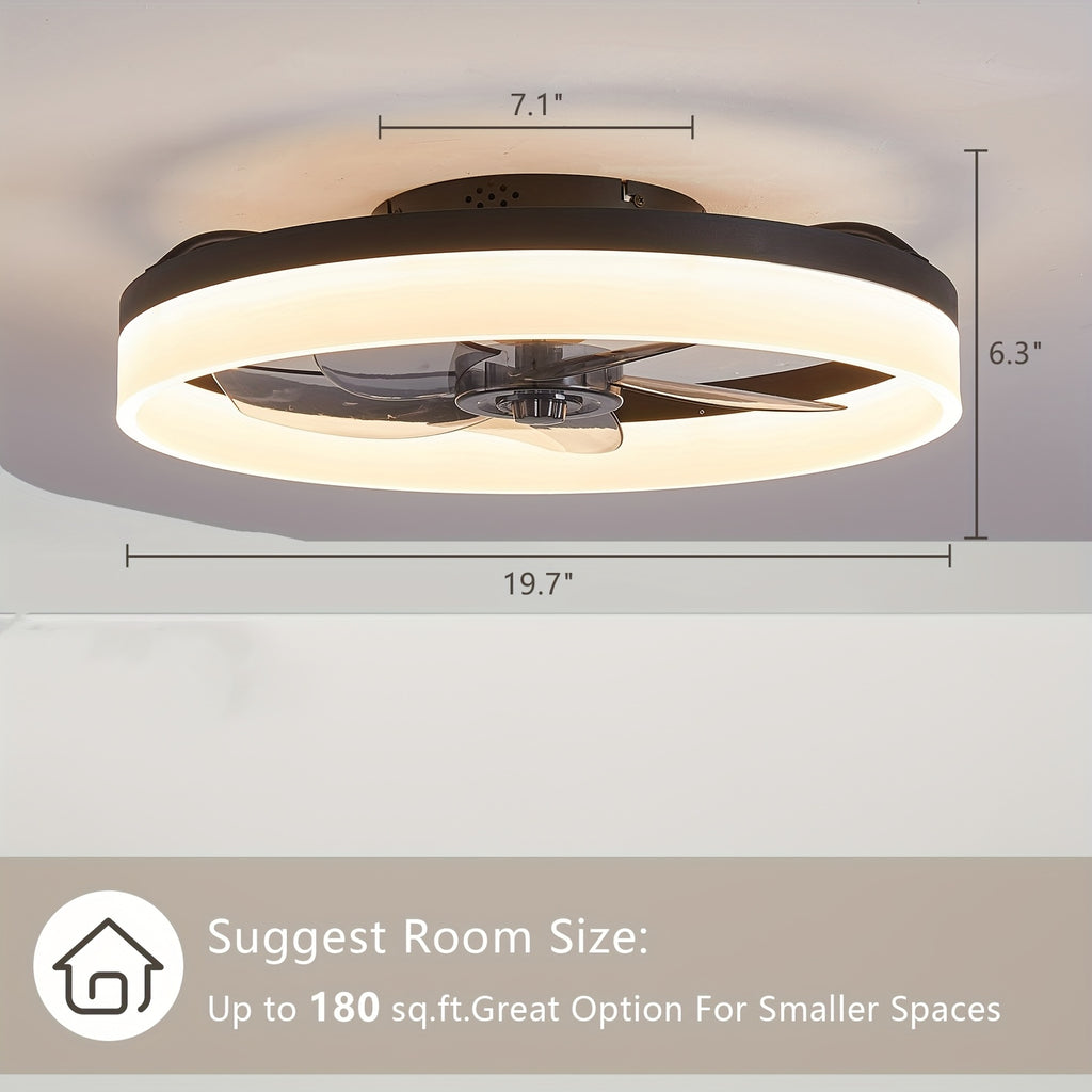 Modern Low Profile Ceiling Fan with Light and Remote, 19.7 Inch, Adjustable Color Temperature & 6 Speed Settings, Black, for Bedroom, Room & Living Room