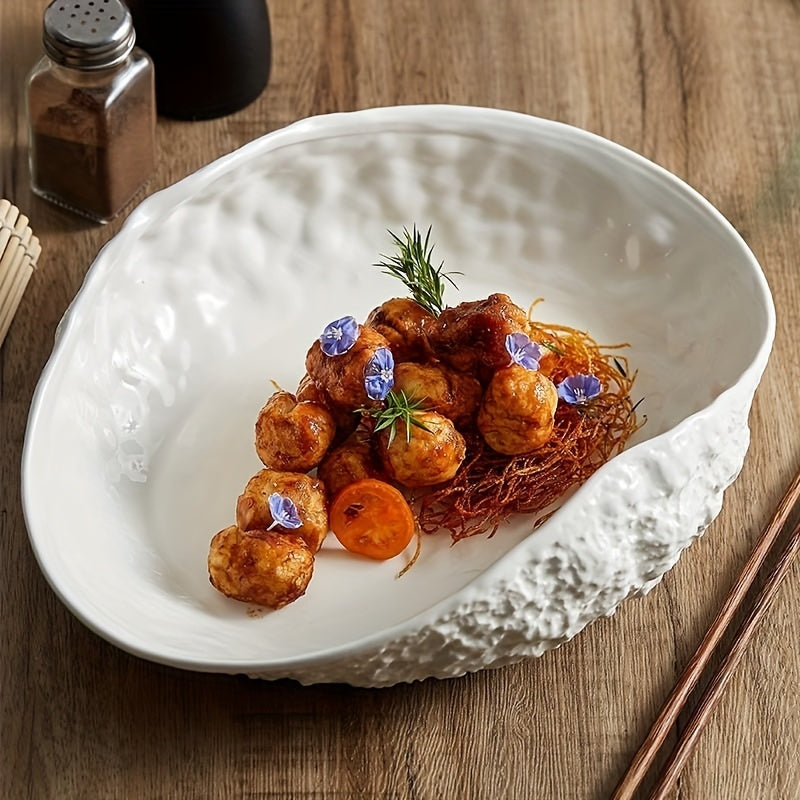 New Light Luxury Large Steamed Fish & Soup Plate, High-End Hotel Tableware, Rock Grain Shell-Shaped Ceramic Plate for Home Use