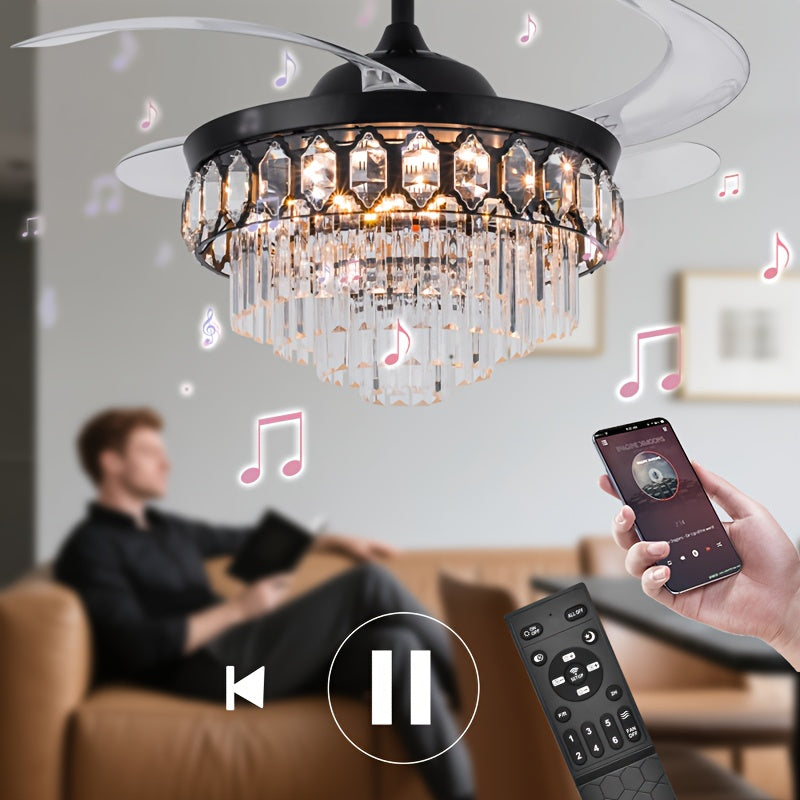 42 Inch Black Crystal Ceiling Light, Luxury Retractable Chandelier Fan with Music Player, 6-Speed Dimmable Chandelier, Ideal for Bedroom Living Room, Chandelier with Fan, Home Theater Lighting