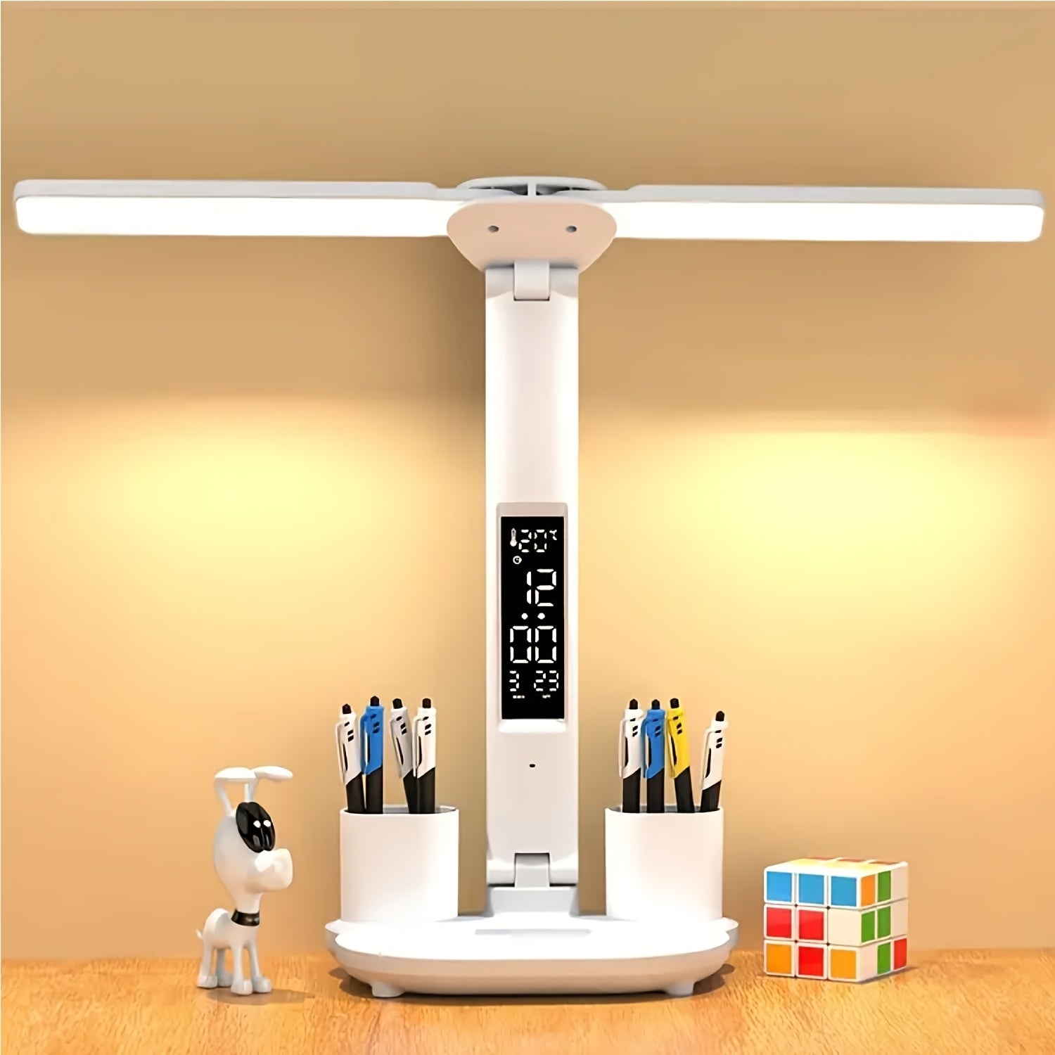 Foldable Desk Lamp, Fan & Clock, Rechargeable