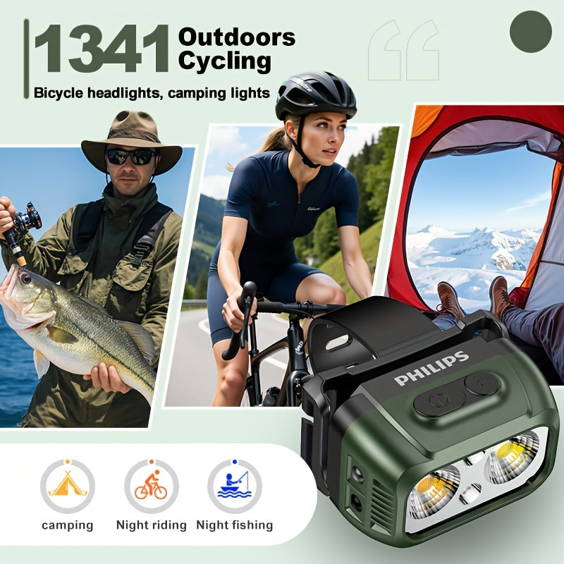 1P Philips Bike Headlight & Camping Light, Warm White Dual Light Modes, Multi-Level Dimming, Smart Motion Sensor, Wave Activated On/Off, Red & Blue Warning Light Function, Large Capacity Battery Long Endurance